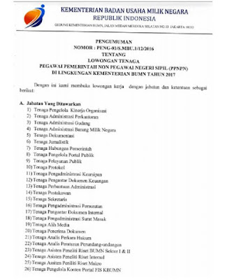 Informasi Rekrutmen Pegawai Pemerintah Non-PNS Kementerian BUMN Tahun 2017