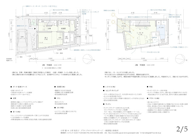 川の広がりを取込む立体的内部空間の三階建て狭小都市型住宅　平面計画　1階・2階