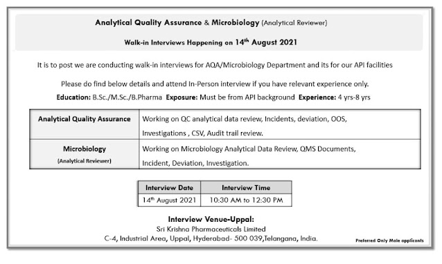 Job Availables, Sri Krishna Pharmaceuticals Walk-In Interview for Analytical QA, Microbiology Department