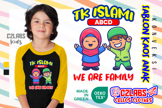 Kuning Hitam Sablon Kaos Anak Paud Playgroup TK Taman Kanak Kanak Raglan Kombinasi Warna Warni