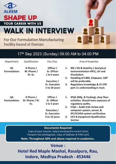 Alkem Laboratories Walk In Interview For Quality Assurance and Quality Control Department