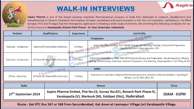 Aspiro Pharma | Walk-in interview at Hyderabad for Production- RnD | 27 Sept 2019 | Pharma Jobs