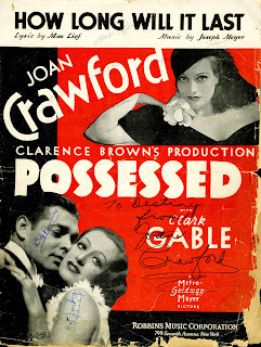 POSSESSED. Estados Unidos. Partitura firmada: 23 x 30 cms. AMOR EN VENTA. Possessed. 1931. Estados Unidos. Dirección: Clarence Brown. Reparto: Joan Crawford, Clark Gable, Wallace Ford, Richard 'Skeets' Gallagher, Frank Conroy, Marjorie White, John Miljan, Clara Blandick.