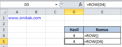 CONTOH FUNGSI ROW PADA EXCEL