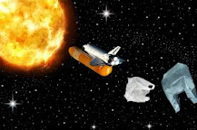 The image shows a spacecraft passing in front of the sun. The spaceship is the white object in the center of the image. The sun is the big yellow circle in the back of the image.