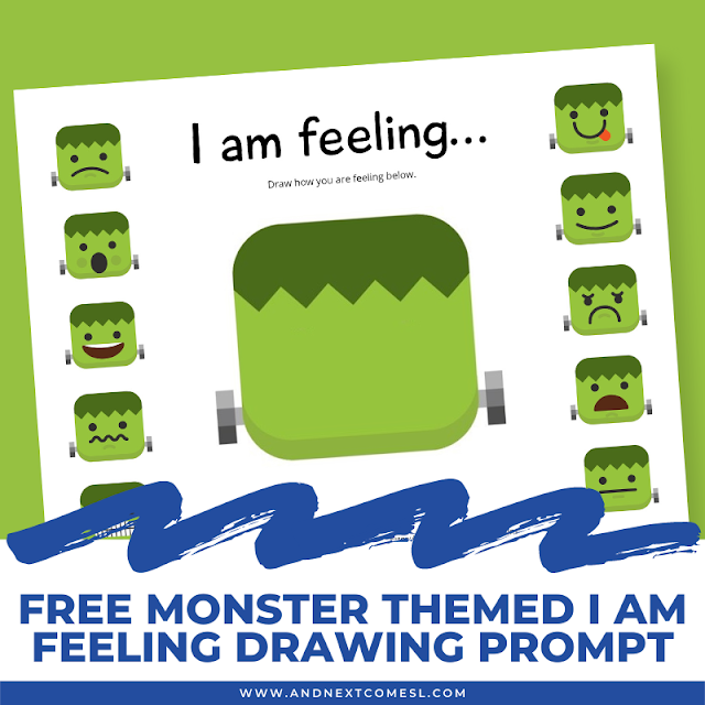 Free printable Halloween emotions activity inspired by Frankenstein's monster. This I am Feeling Drawing prompt is a great way to get kids talking about their emotions.