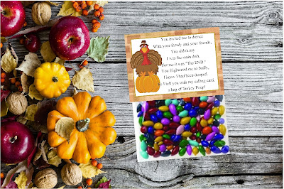 What a hoot!  Share a fun laugh with your friends and family on Thanksgiving with this printable Turkey Poop bag topper.  With a fun poem that you can add to a bag of treats, you'll be wishing your loved ones a Happy Thanksgiving with a scared turkey and some yummy sweets.