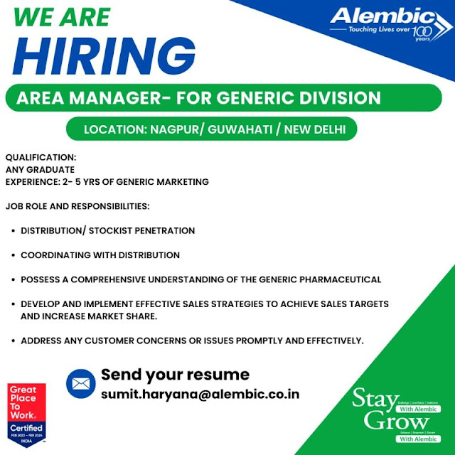 Alembic Pharma Hiring For Area Manager- For Generic Division