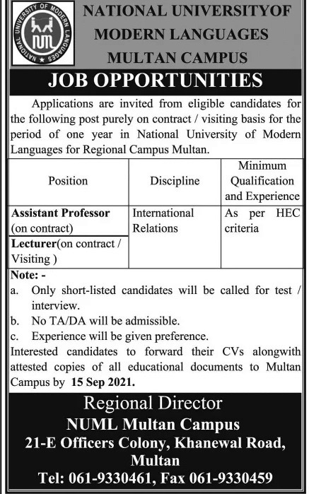 Latest Jobs in National University of Modern Languages NUML 2021