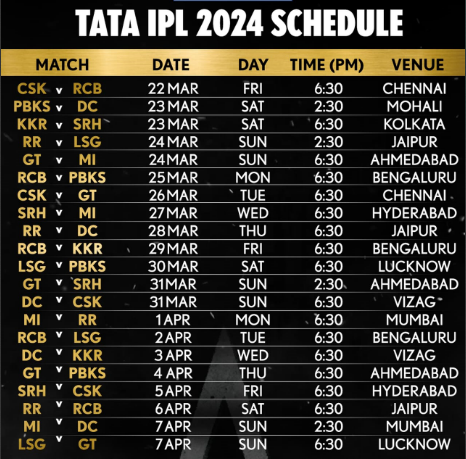 TATA IPL Indian Premier Leauge 2024 [ Time table ] OR Fixtures