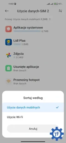 Użycie danych przełącznik na Wi-Fi