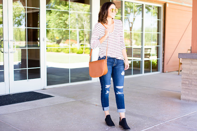 Fall Inspiration outfit with bp stripped top and Ankle Skinny Jeans 7 FOR ALL MANKIND