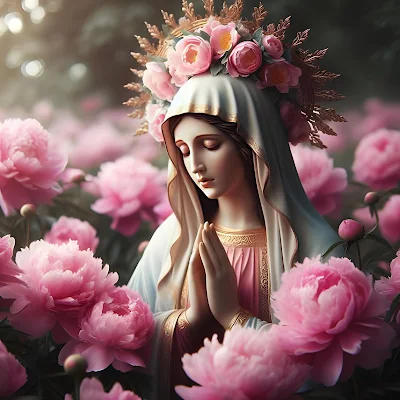 Imágen de la Virgen María en medio de un campo de peonías rosadas