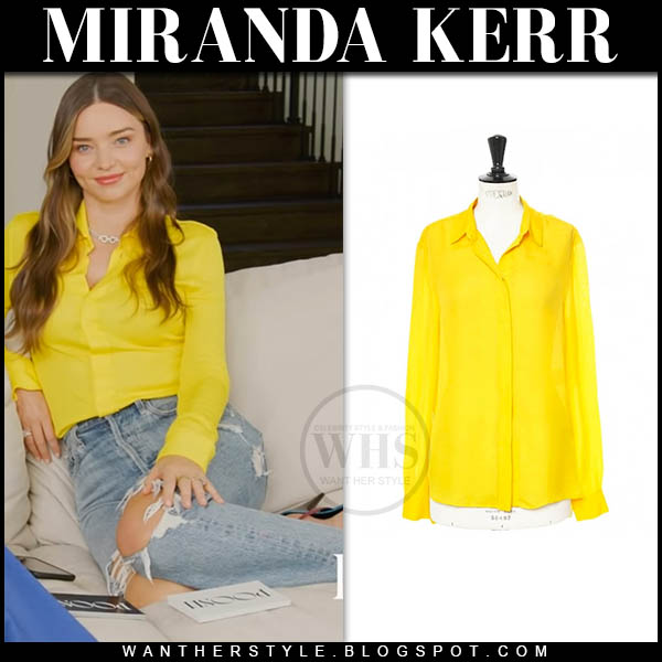 Miranda Kerr in yellow shirt and ripped jeans