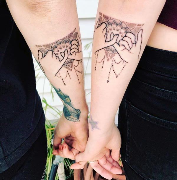 Best friend tattoos matching pinky swear line work and black ink work tattoo designs