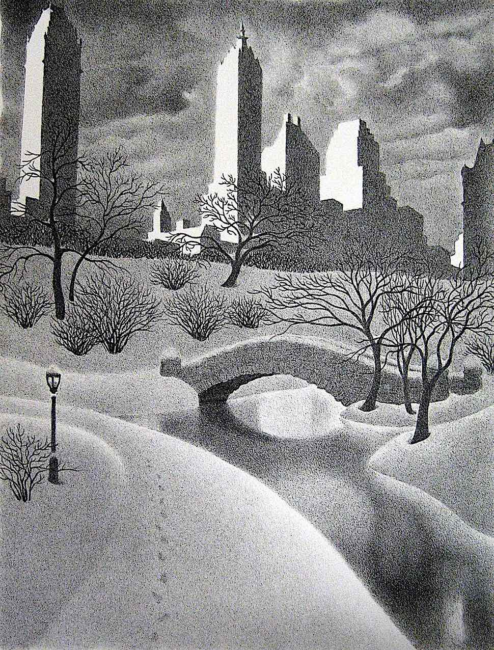 Ellison Hoover, a snowing city park at night