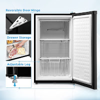 Inside view of Midea MRU03M2ABB 3.0 cu.ft Upright Freezer: 2 storage shelves & 1 wire basket, image