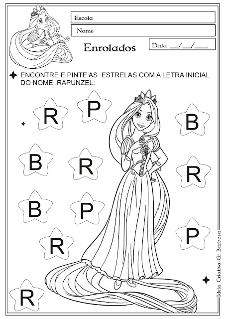 Atividade letra inicial com a personagem Rapunzel do filme Enrolados