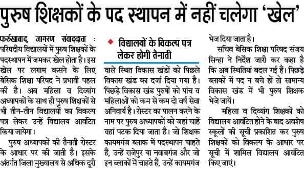 पुरुष शिक्षकों के पद स्थापन में नहीं चलेगा ‘खेल’: विद्यालयों के विकल्प पत्र लेकर होगी तैनाती