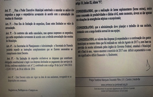 Decreto municipal de Irecê vira polemica sobre situação financeira da gestão