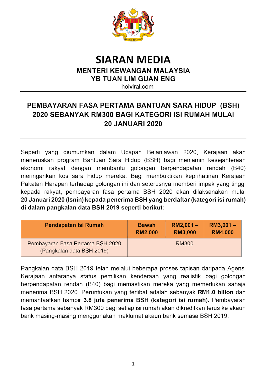 Tarikh Pembayaran Bantuan Sara Hidup (BSH) 2020 Fasa 