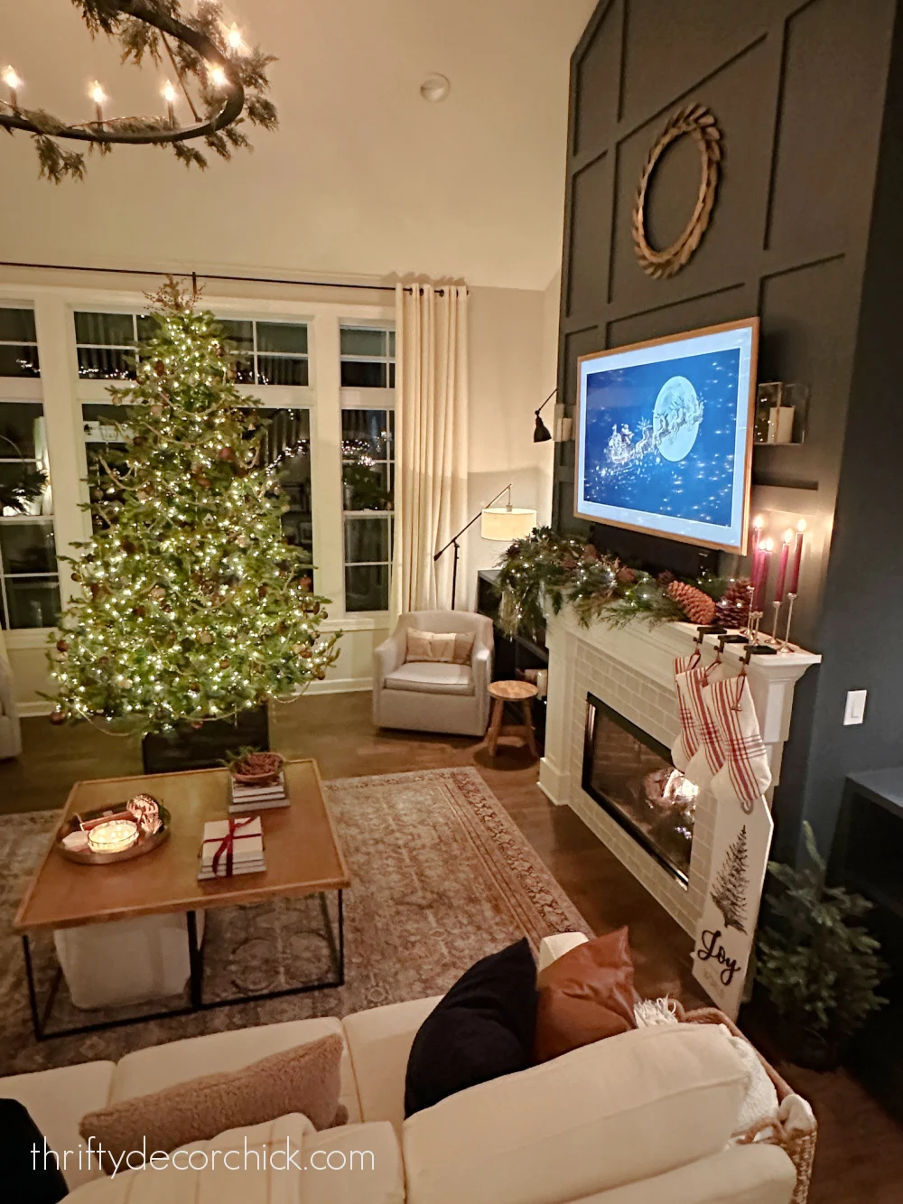 10 foot Christmas tree by fireplace