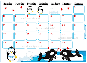 kalender voor kinderen, kalender om zelf te printen, februari 2015, 2015 kalender, schattige kalender, kalender met pinguïn, kalender met orka