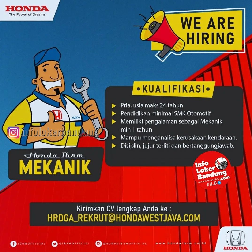 Lowongan Kerja Mekanik & Sales Consultant Honda IBRM Bandung Maret 2024