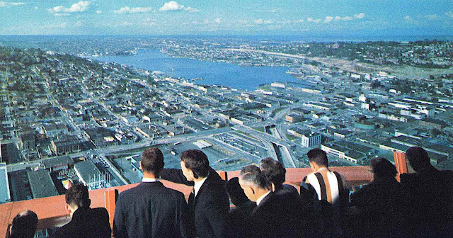 the 1962 World's Fair Space Needle observation deck, a birdseye view color photograph
