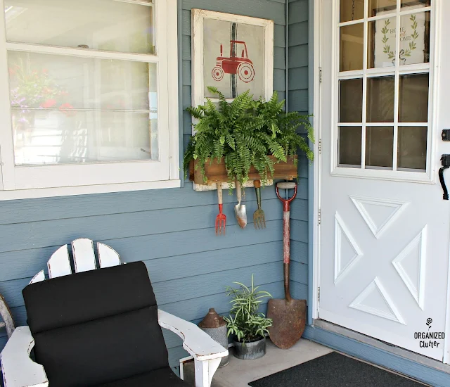 Thrift Shop/Garage Sale Painted & Stenciled Covered Patio Decor #buffalochecks #grainsackstripe #oldsignstencils