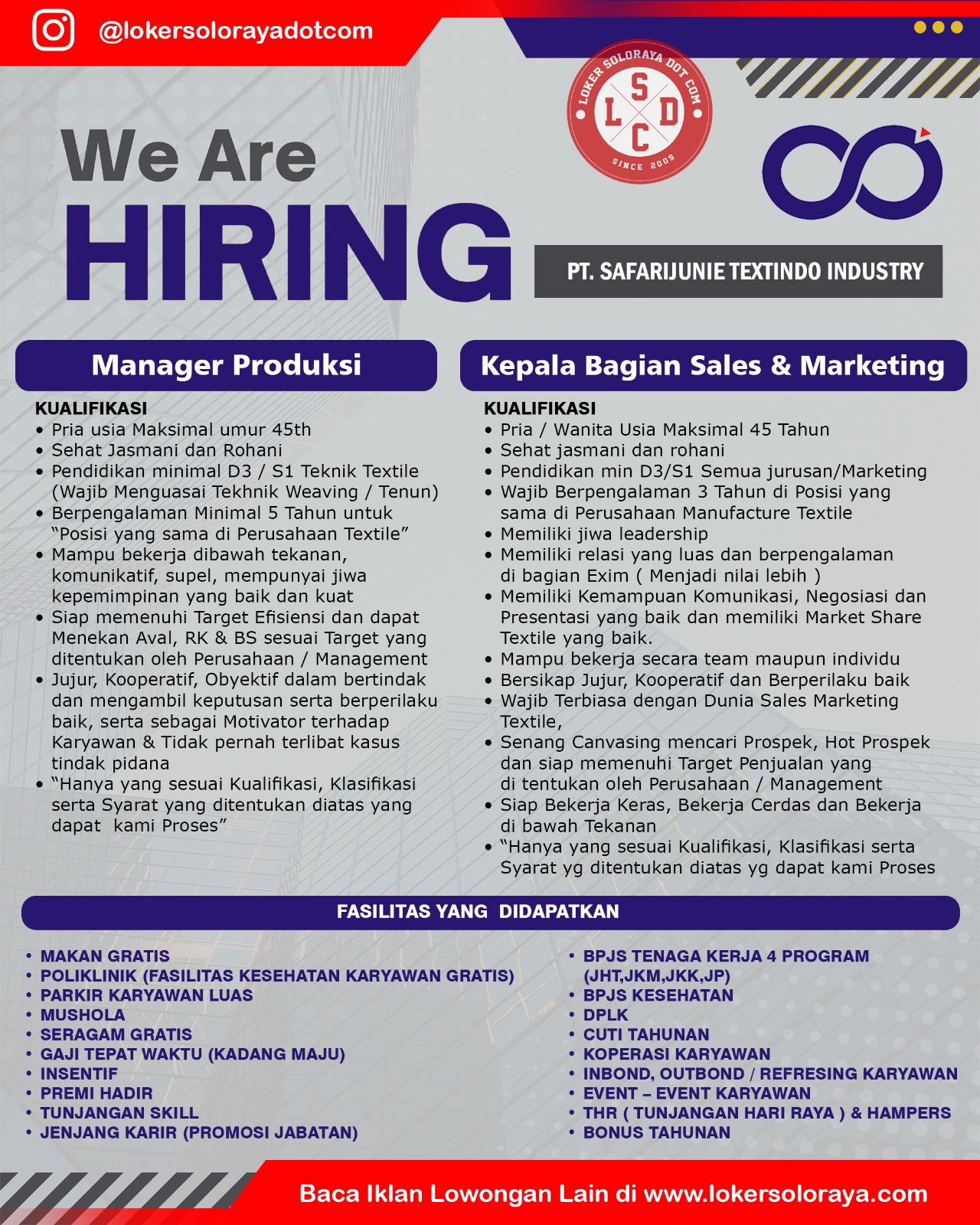 Loker Boyolali untuk 4 Posisi di PT Safarijunie Textindo Industry