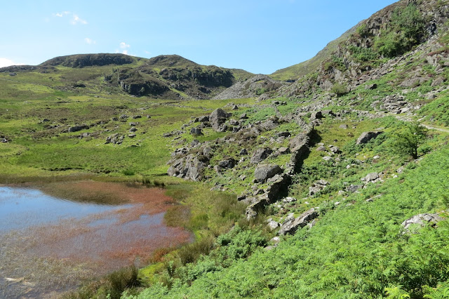 A rocky, uneven landscape with grass and bracken with the edge of a reservoir below.