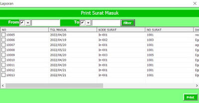 Tampilan Form Print Surat Masuk