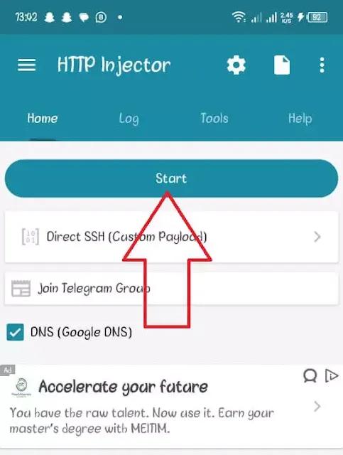 HTTP Injector App and click start