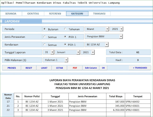 Aplikasi Excel Perawatan Kendaraan Dinas