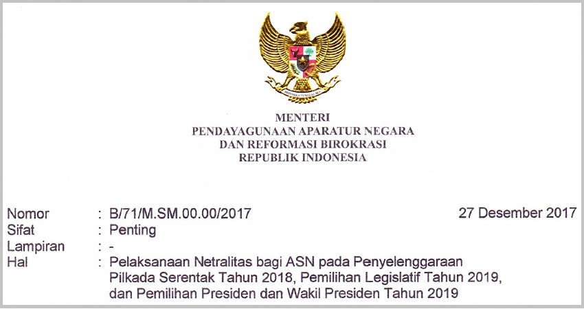 Surat Menteri PANRB tentang Pelaksanaan Netralitas bagi ASN pada Penyelenggaraan Pilkada Serentak Tahun 2018 Pemilihan Legislatif Tahun 2018 dan Pemilihan Presiden dan Wakil Presiden Tahun 2018