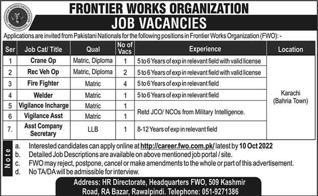 Frontier Works Organization Latest Jobs 2022 - FWO Jobs 2022
