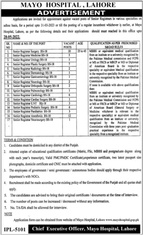 Latest Mayo Hospital Medical Posts Lahore 2022