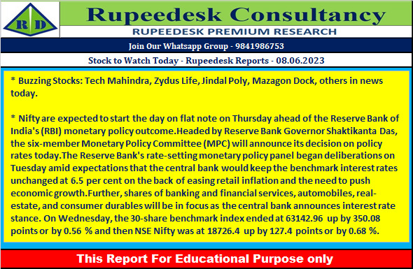 Stock to Watch Today - Rupeedesk Reports - 08.06.2023