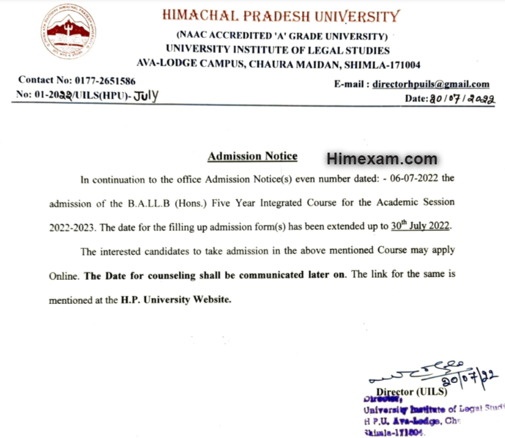 date for the filling up admission form(B.A.LL.B) has been extended up to 30th July 2022:- HPU Shimla
