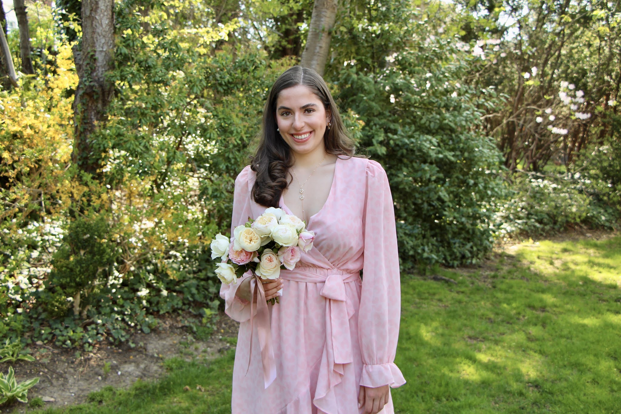 Pink wrap dress, rose bouquet, curly hair, wedding guest dress, baby shower dress, bridal shower dress