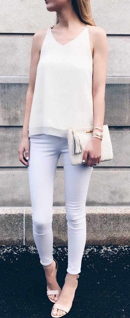 all white everything: top + bag + skinny pants