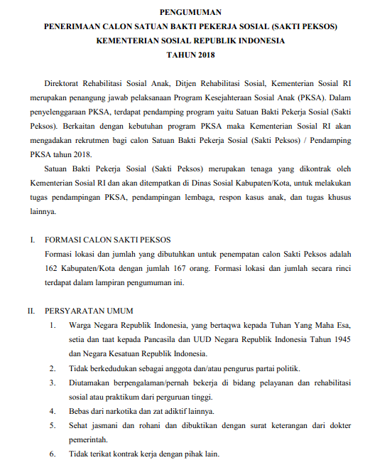  Penerimaan Calon Satuan Bakti Pekerja Sosial (Sakti Peksos) Kemensos Tahun 2018