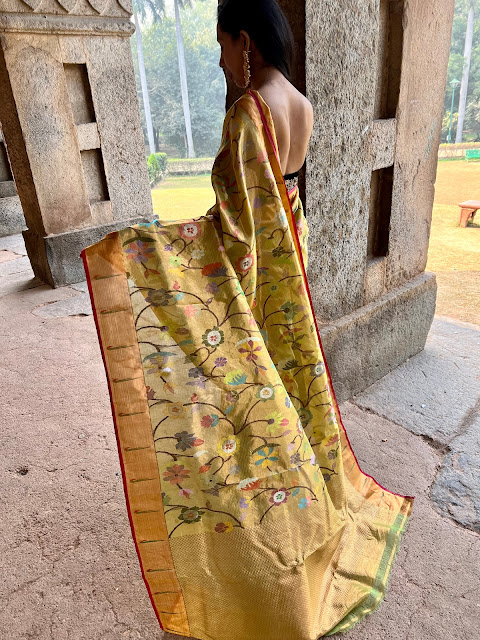 Double tissue kota doria saree gold color with floral jaal