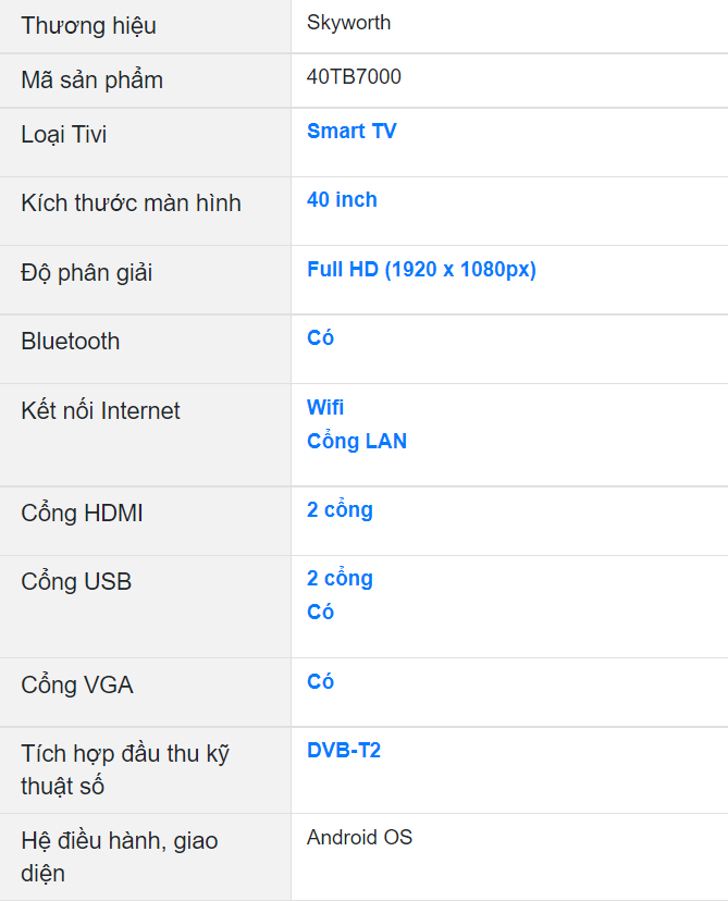 Android Tivi Skyworth 40 inch 40TB7000 FHD