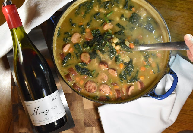 White bean stew with Sausages and Kale with Marcel Lapierre Morgon.