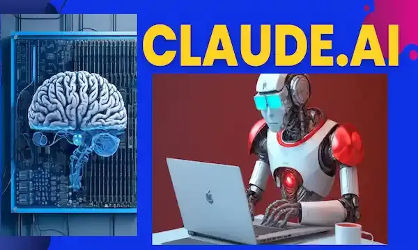 A robot sitting at a desk, working on a computer. The text "AI in the Workplace" is above the image.