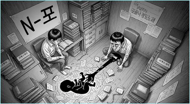 어두운 고시원 방에서 지쳐 쓰러진 2030 남성 캐리커처의 그림자가 무한 경쟁 속으로 빨려 들어가는 아기의 형상으로 변하는 모습. 자녀에게 자신의 고통을 대물림하고 싶지 않은 부모의 공포를 풍자하는 시네마틱 일러스트레이션.
