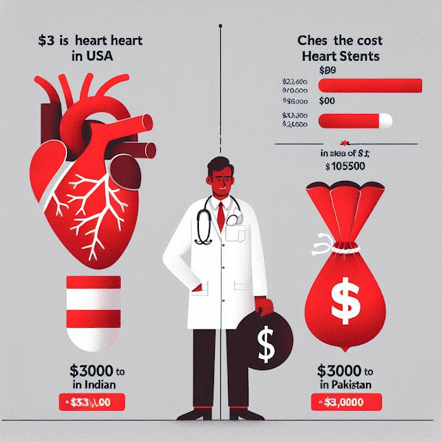 "Infographic showing cost difference of heart stents — $3 in the USA vs $3000–$5000 in India and Pakistan, with doctor and money bag illustration."