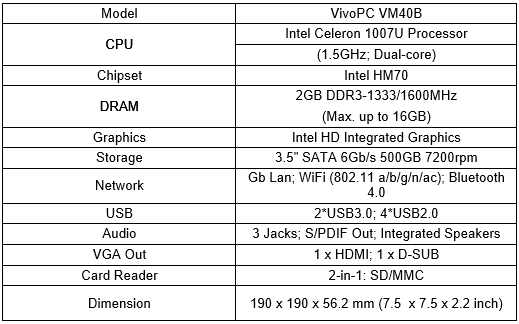 ASUS VivoPC VM40B Specifications